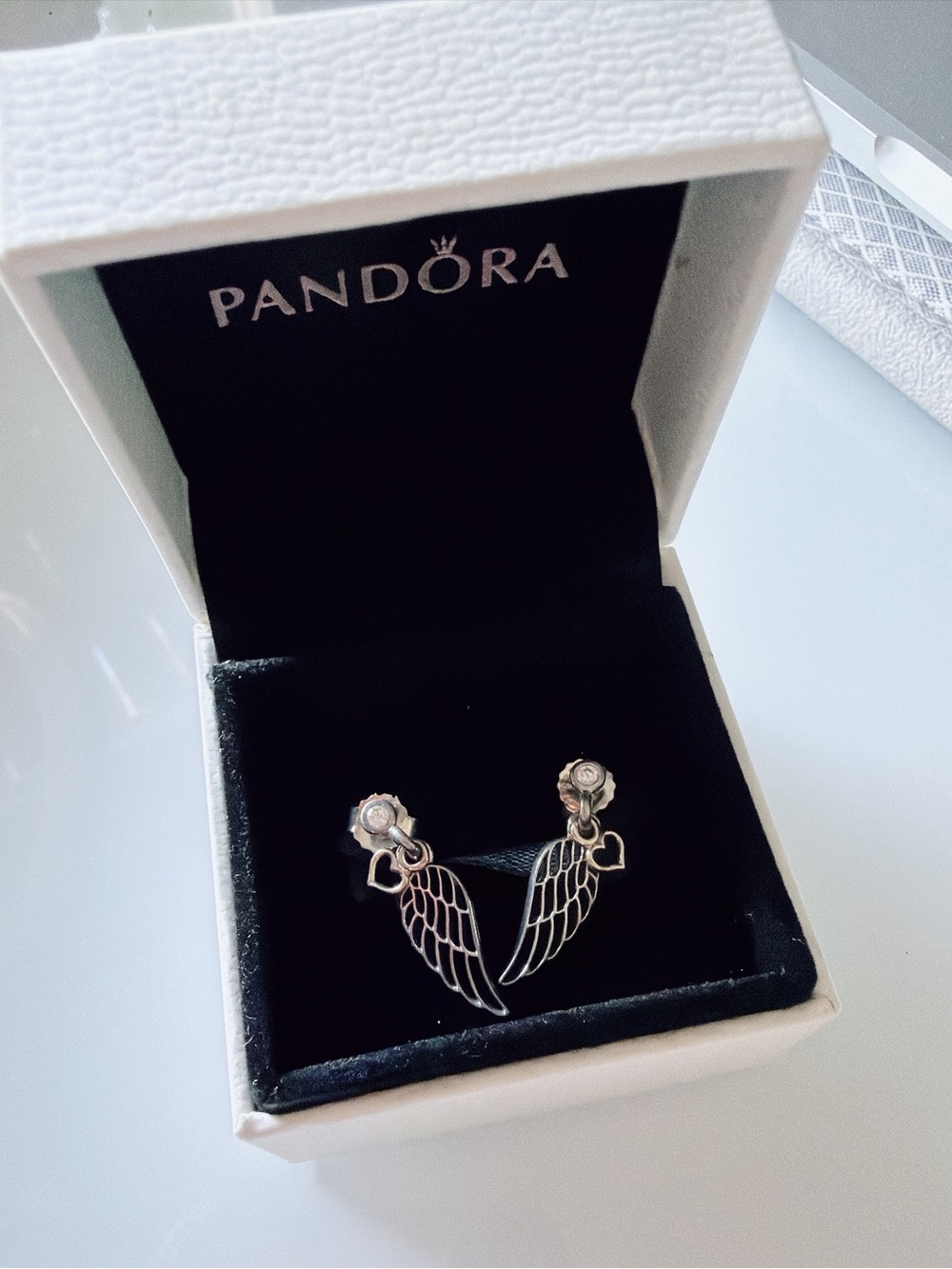 Pandora Silver Angel Wing Earrings with Heart Accents - Silver & Gold
